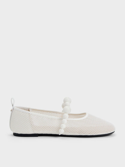 Leather Mesh Beaded Mary Jane Flats - Chalk | CHARLES & KEITH
