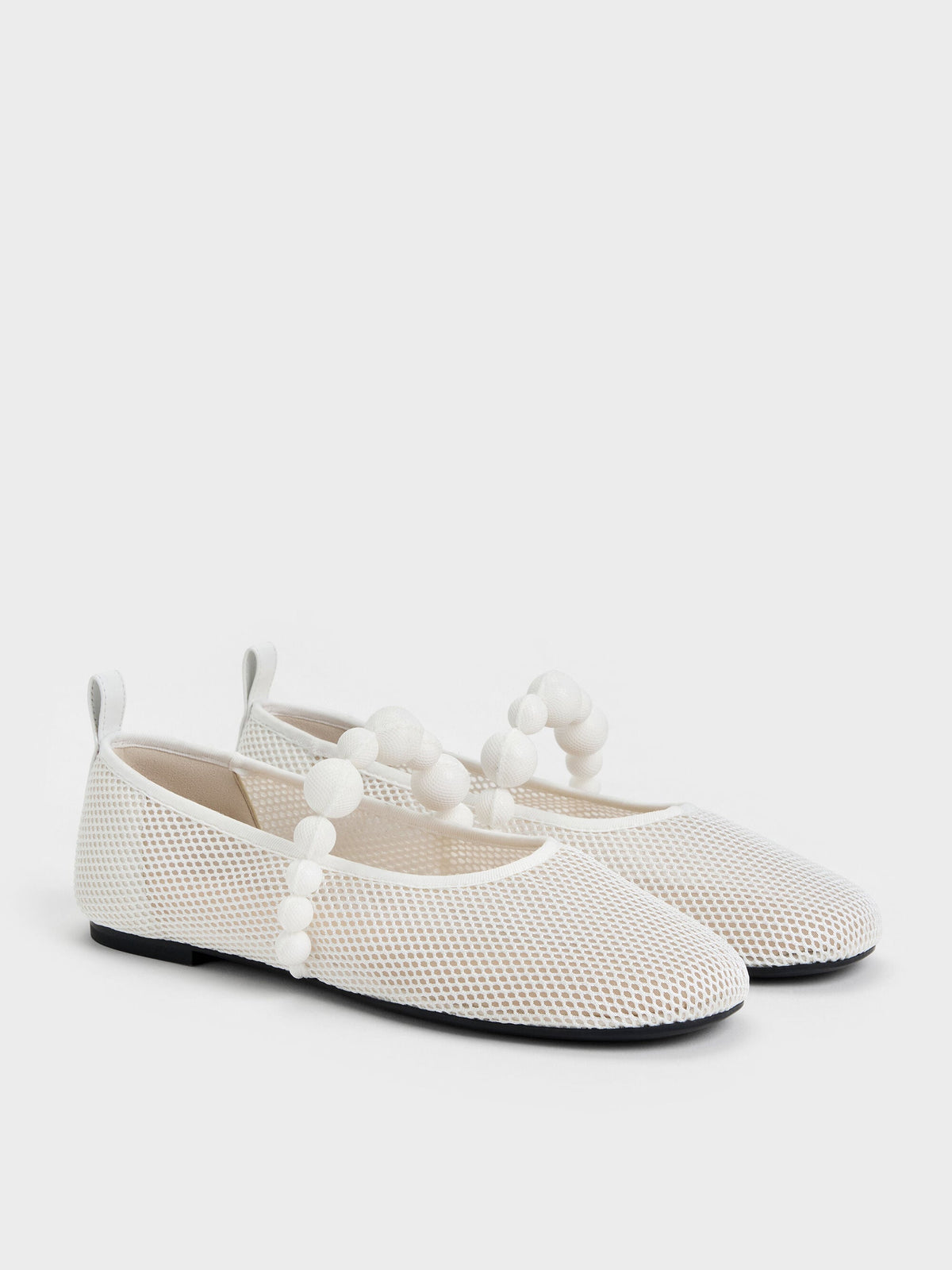 Leather Mesh Beaded Mary Jane Flats - Chalk | CHARLES & KEITH