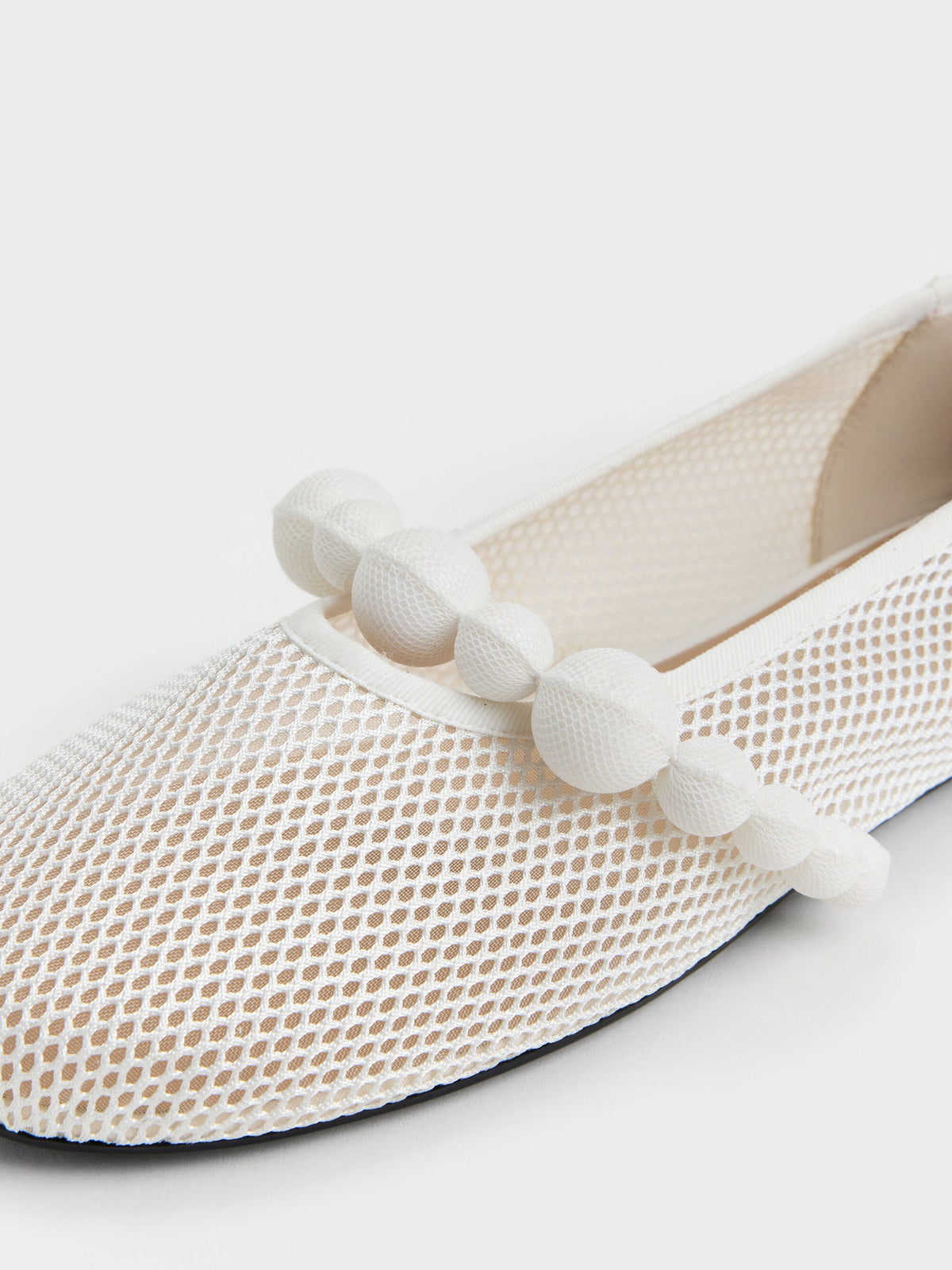 Leather Mesh Beaded Mary Jane Flats - Chalk | CHARLES & KEITH