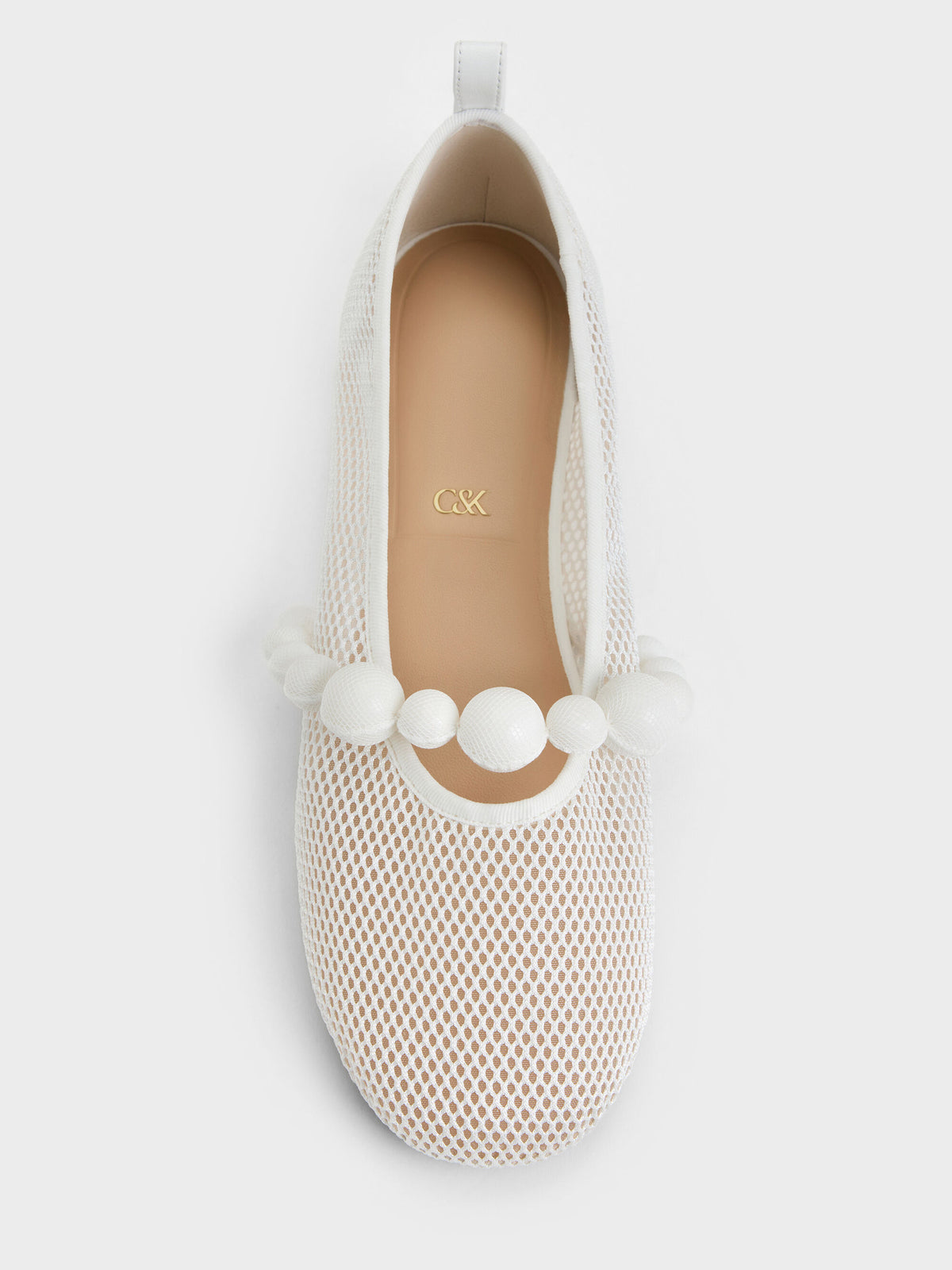 Leather Mesh Beaded Mary Jane Flats - Chalk | CHARLES & KEITH