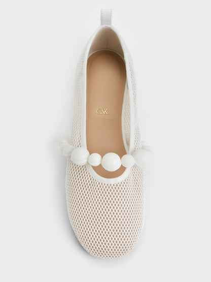 Leather Mesh Beaded Mary Jane Flats - Chalk | CHARLES & KEITH