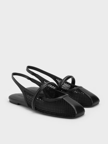 Ellory Mesh Slingback Mary Jane Flats - Black Textured | CHARLES & KEITH
