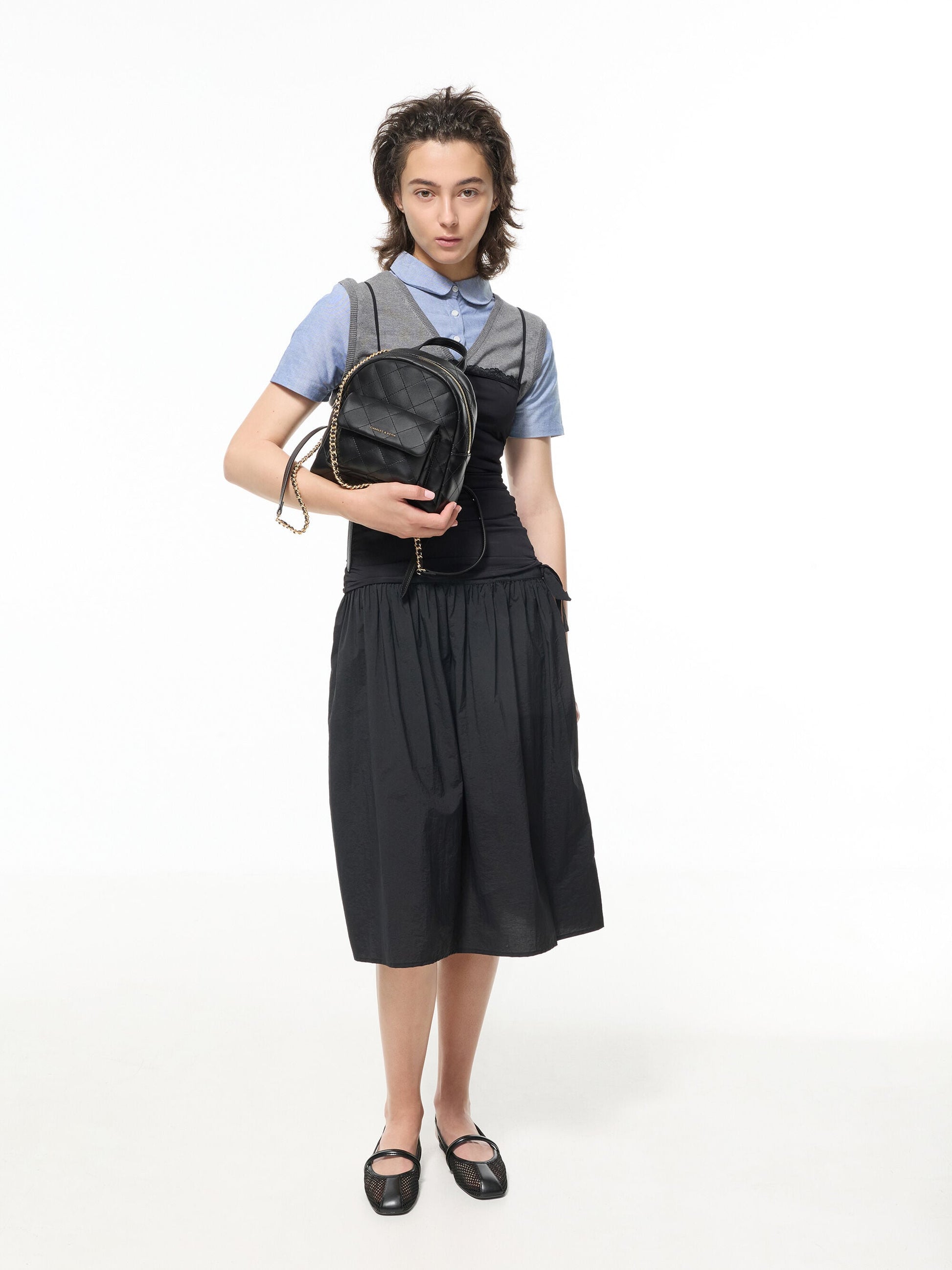 Ellory Mesh Slingback Mary Jane Flats - Black Textured | CHARLES & KEITH