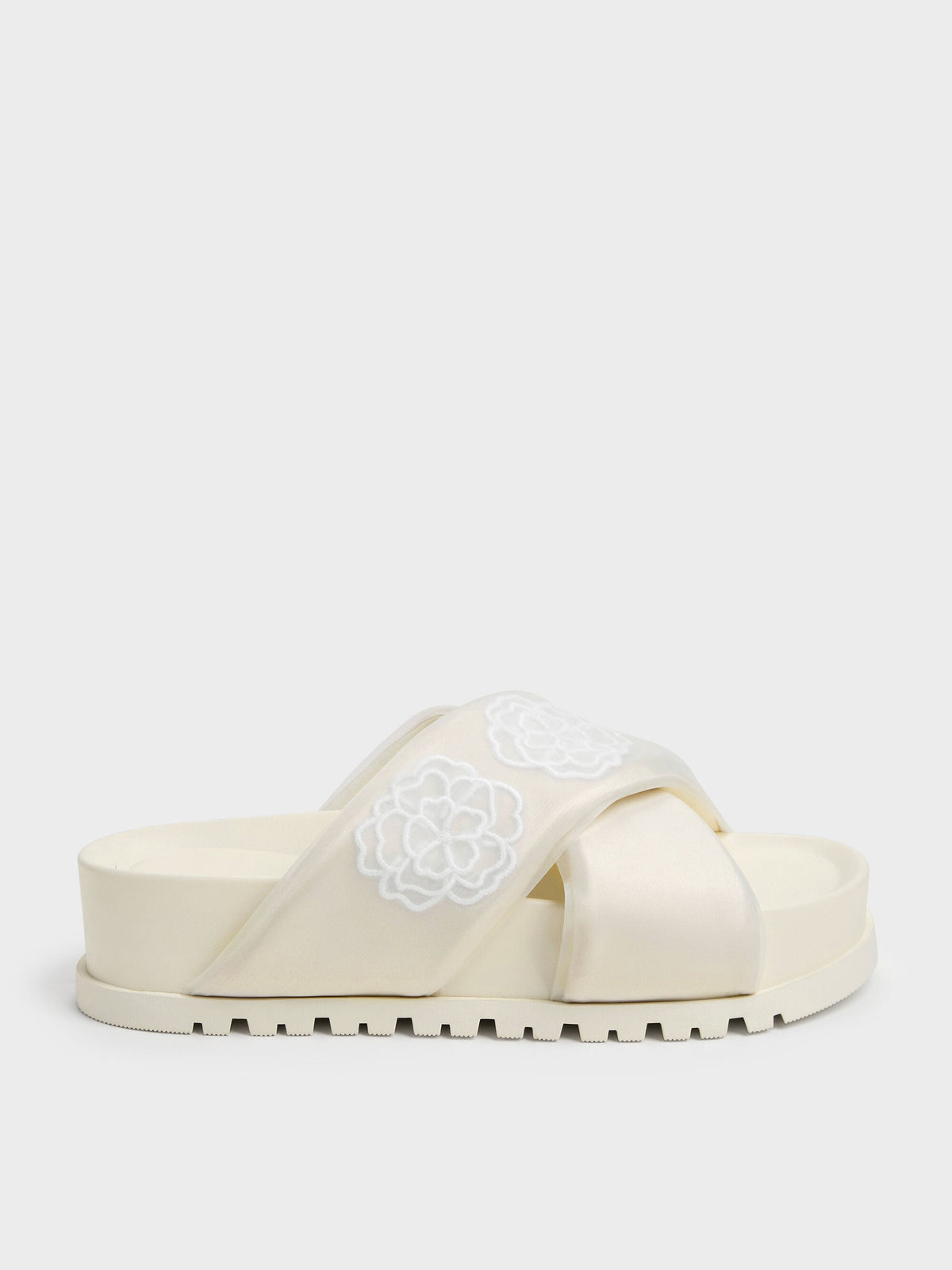 Satin Embroidered-Flower Crossover Sandals - Chalk | CHARLES & KEITH