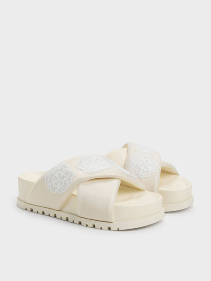 Satin Embroidered-Flower Crossover Sandals - Chalk | CHARLES & KEITH