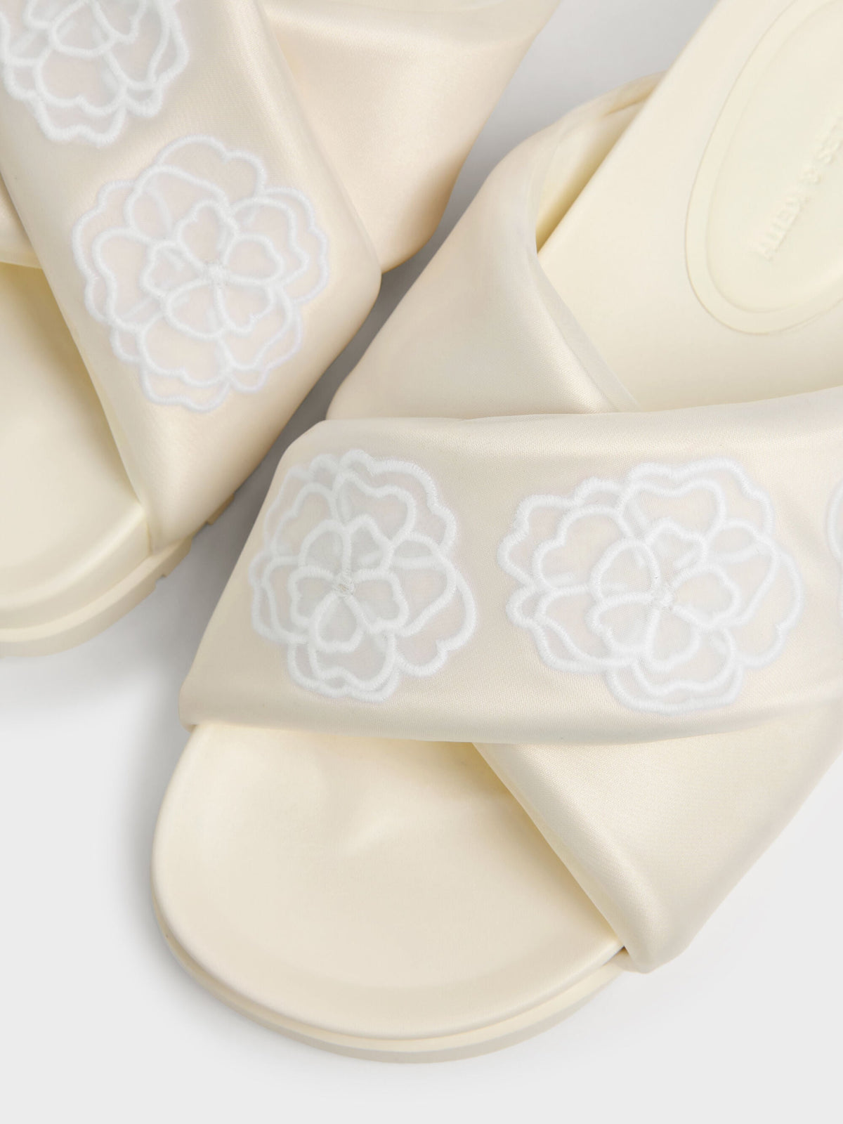 Satin Embroidered-Flower Crossover Sandals - Chalk | CHARLES & KEITH
