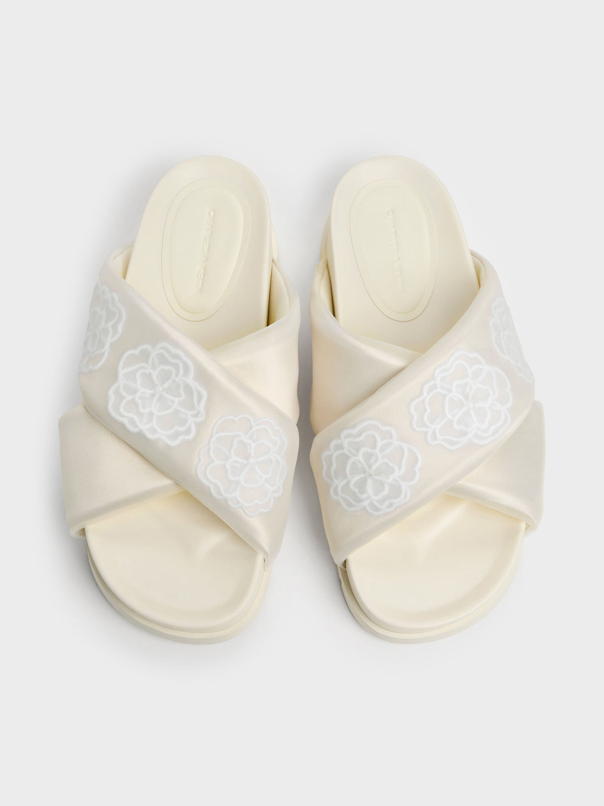 Satin Embroidered-Flower Crossover Sandals - Chalk | CHARLES & KEITH