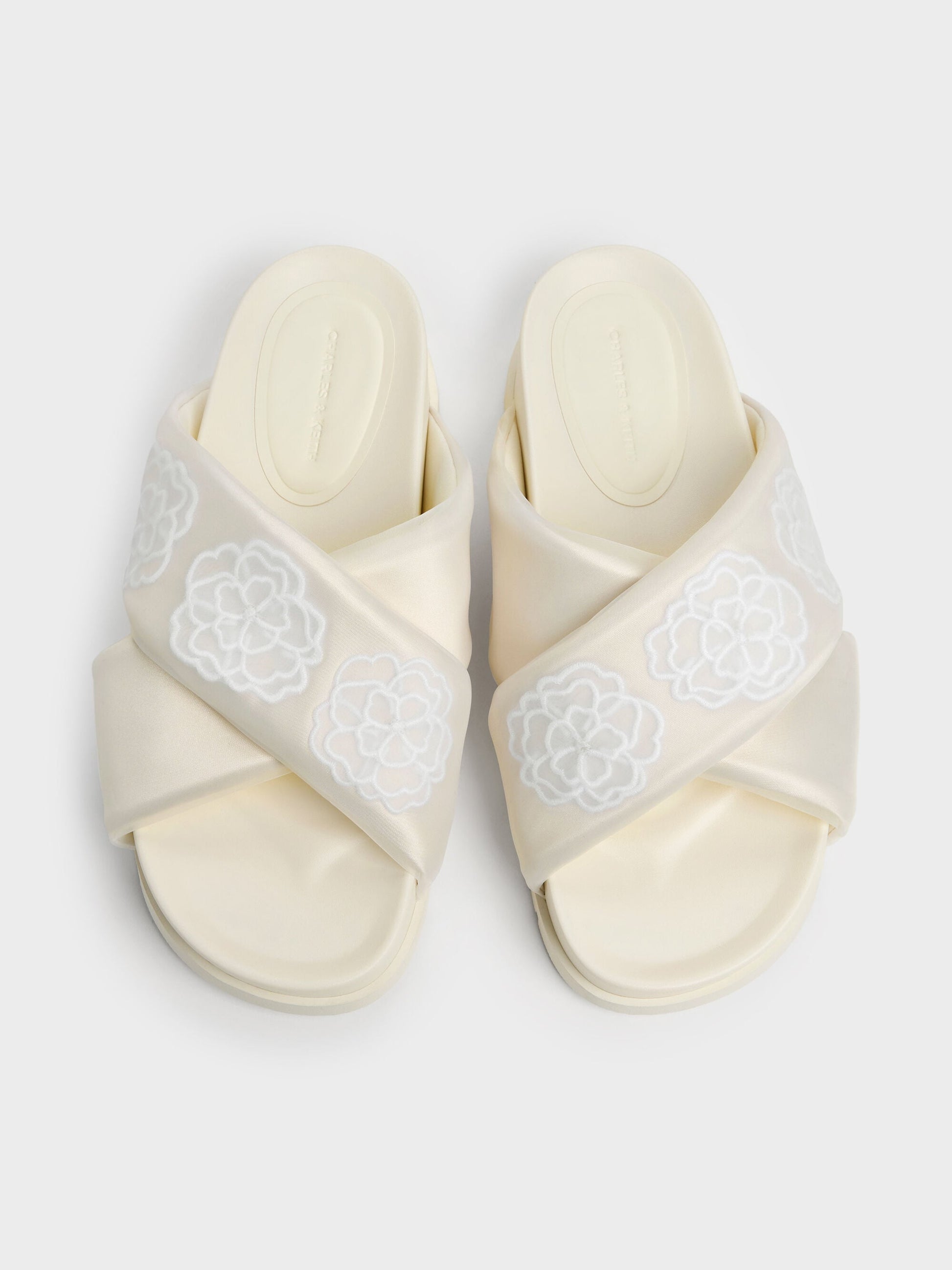 Satin Embroidered-Flower Crossover Sandals - Chalk | CHARLES & KEITH