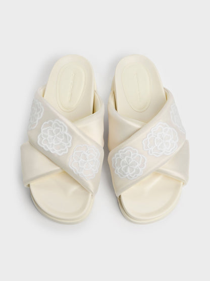 Satin Embroidered-Flower Crossover Sandals - Chalk | CHARLES & KEITH