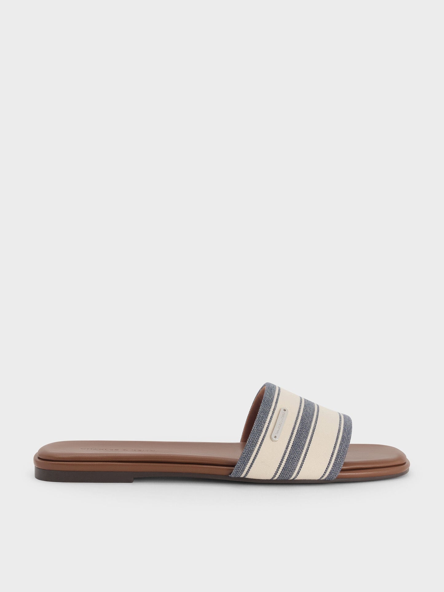 Striped Square-Toe Slide Sandals - Dark Blue | CHARLES & KEITH