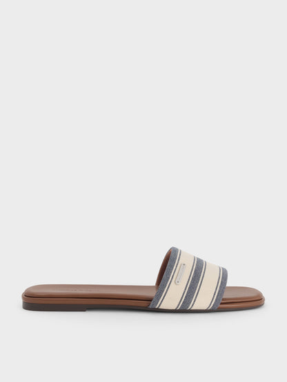 Striped Square-Toe Slide Sandals - Dark Blue | CHARLES & KEITH