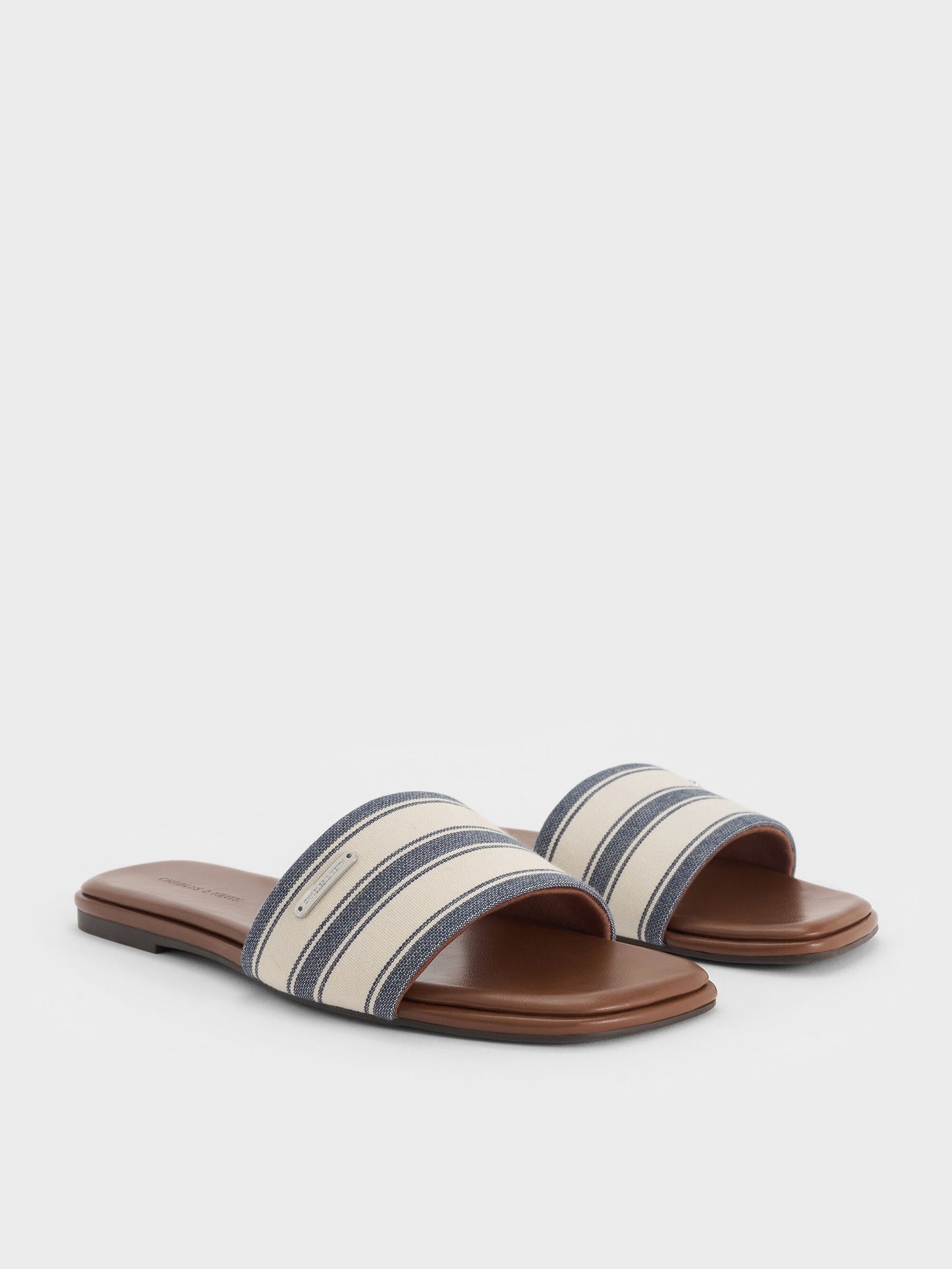 Striped Square-Toe Slide Sandals - Dark Blue | CHARLES & KEITH