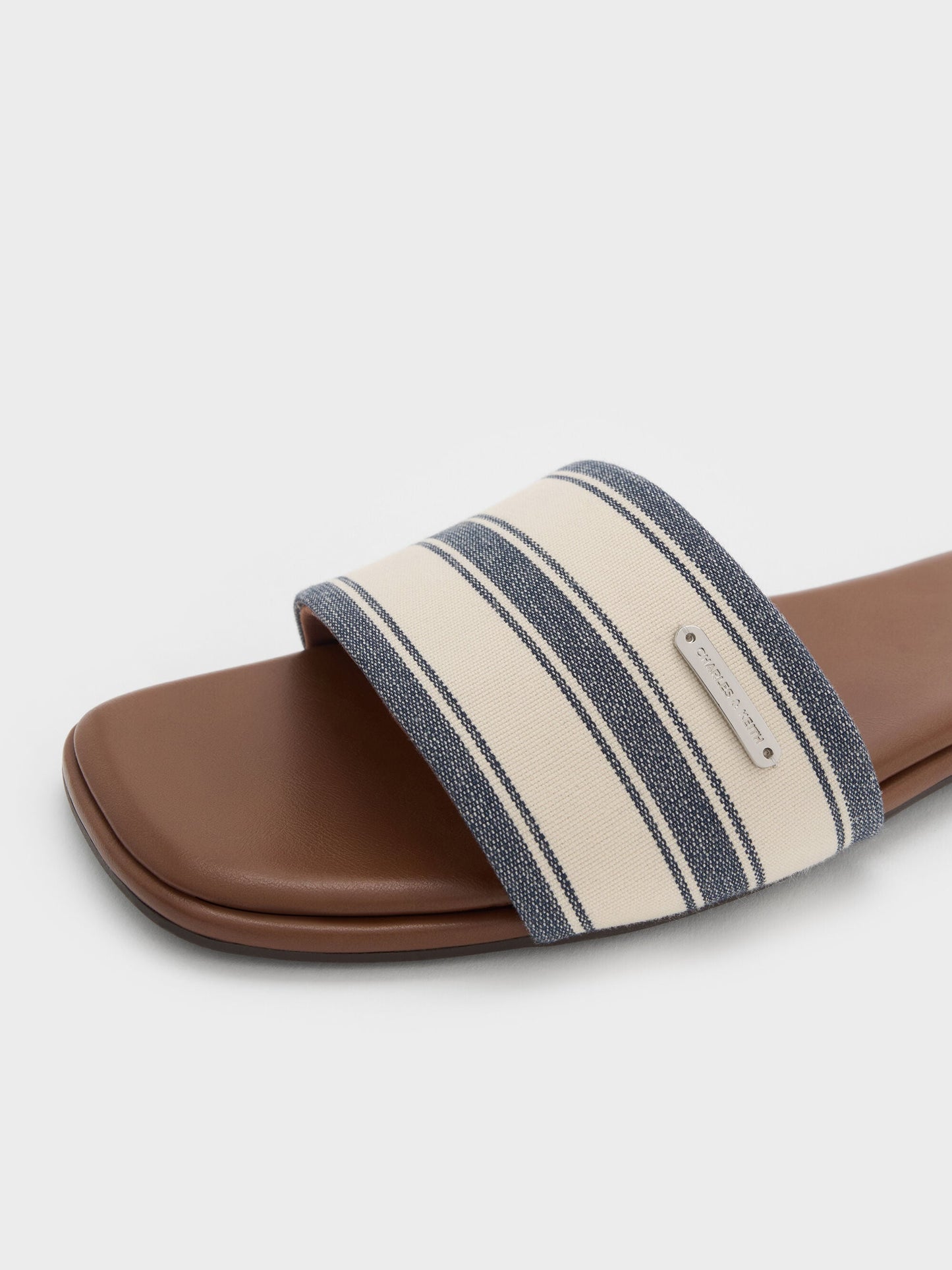 Striped Square-Toe Slide Sandals - Dark Blue | CHARLES & KEITH