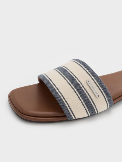 Striped Square-Toe Slide Sandals - Dark Blue | CHARLES & KEITH