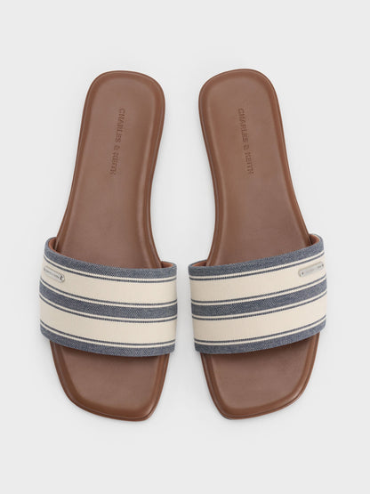 Striped Square-Toe Slide Sandals - Dark Blue | CHARLES & KEITH