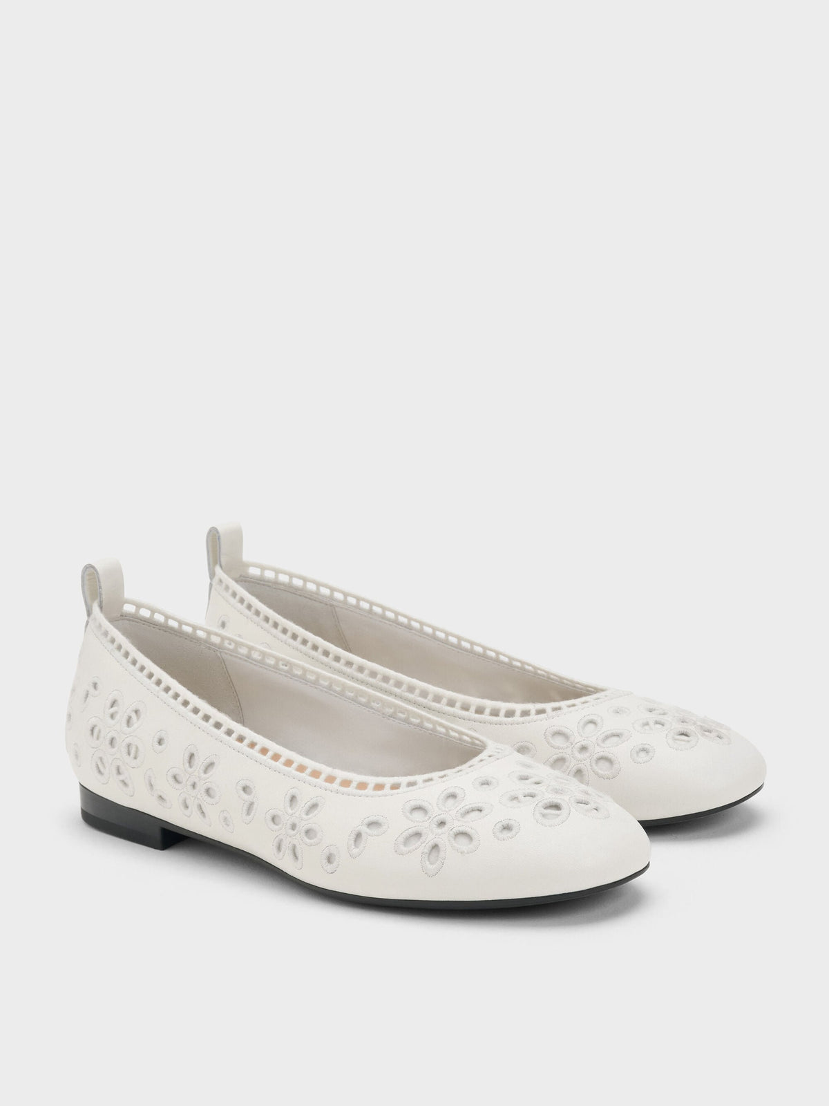 Leather Embroidered Ballet Flats - White | CHARLES & KEITH