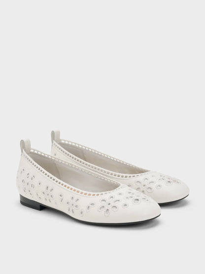 Leather Embroidered Ballet Flats - White | CHARLES & KEITH