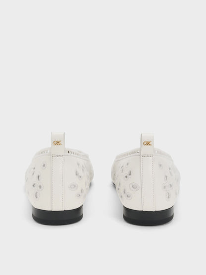 Leather Embroidered Ballet Flats - White | CHARLES & KEITH