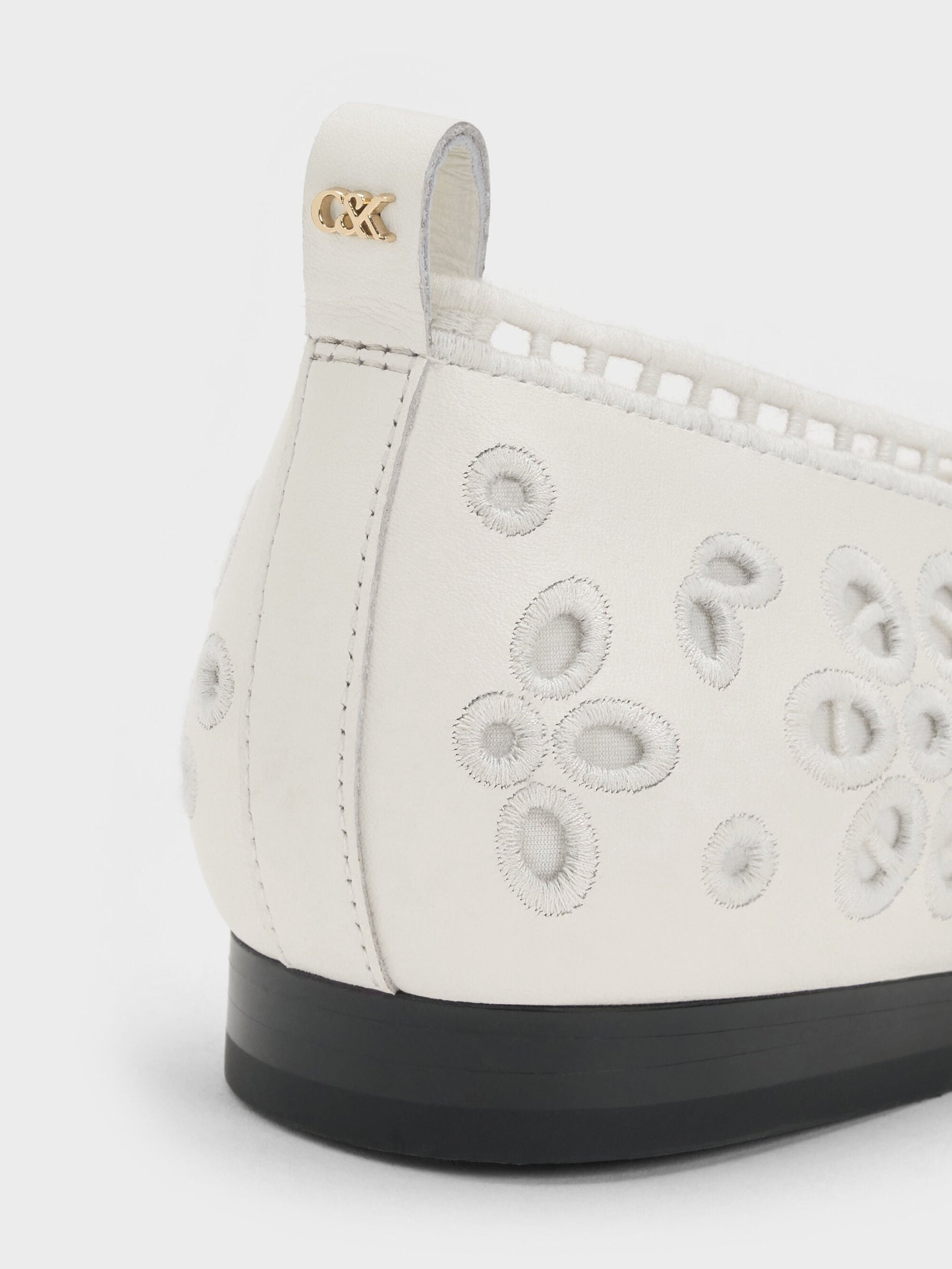 Leather Embroidered Ballet Flats - White | CHARLES & KEITH