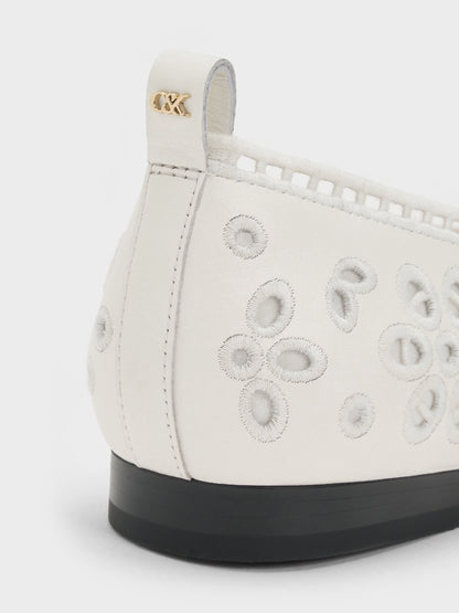 Leather Embroidered Ballet Flats - White | CHARLES & KEITH