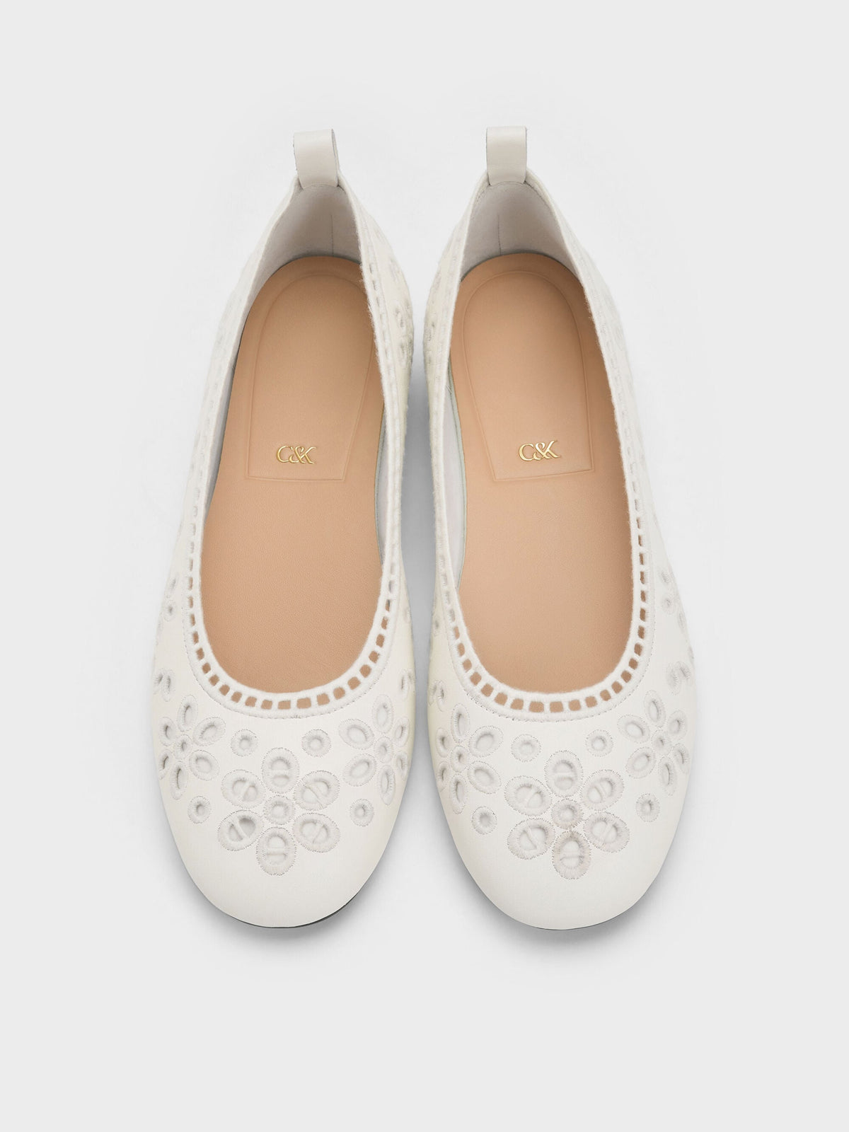 Leather Embroidered Ballet Flats - White | CHARLES & KEITH