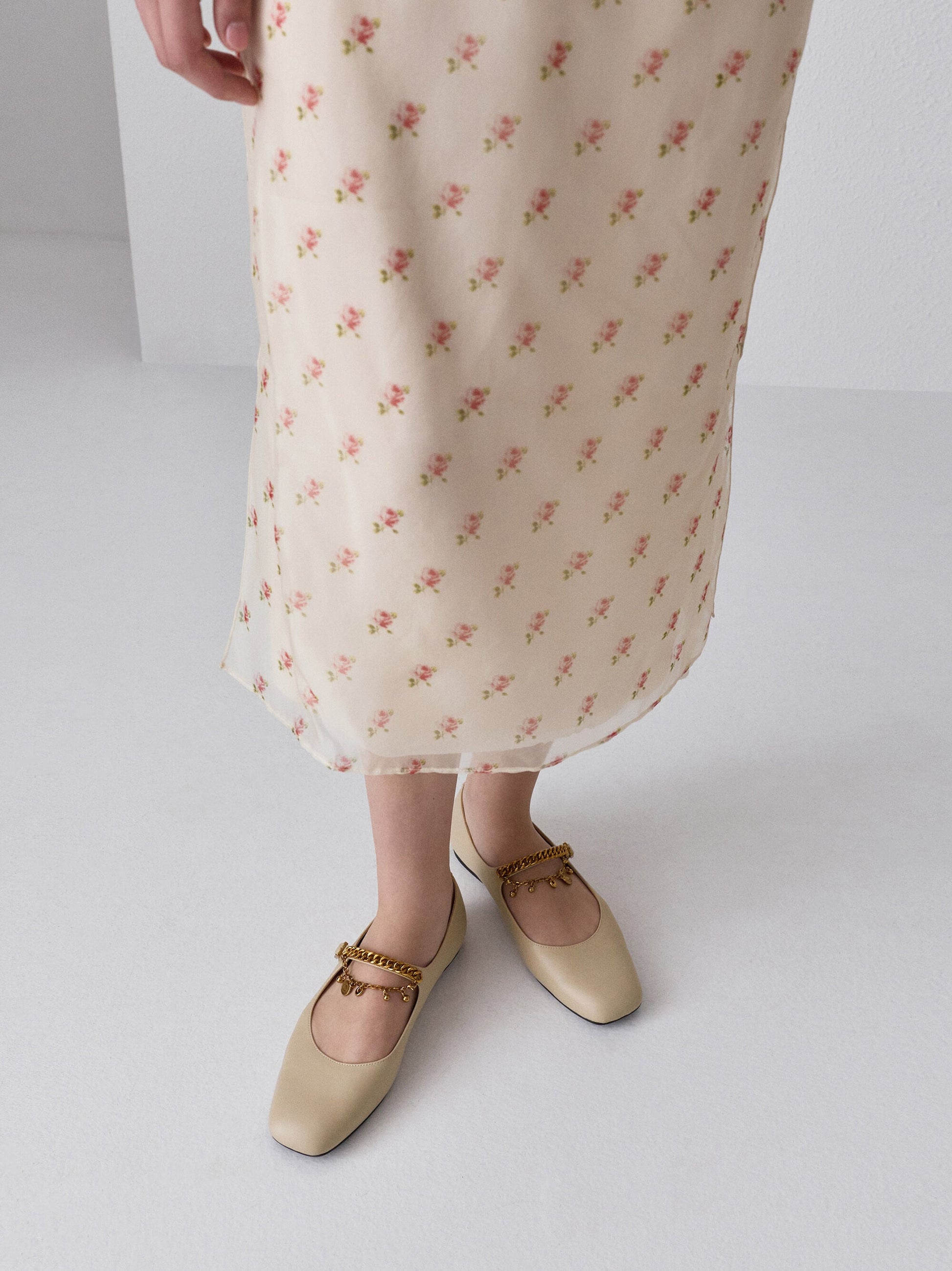 Double-Chain Charm Mary Jane Flats - Chalk | CHARLES & KEITH