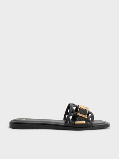 Whitney Leather Cut-Out Slide Sandals - Black | CHARLES & KEITH