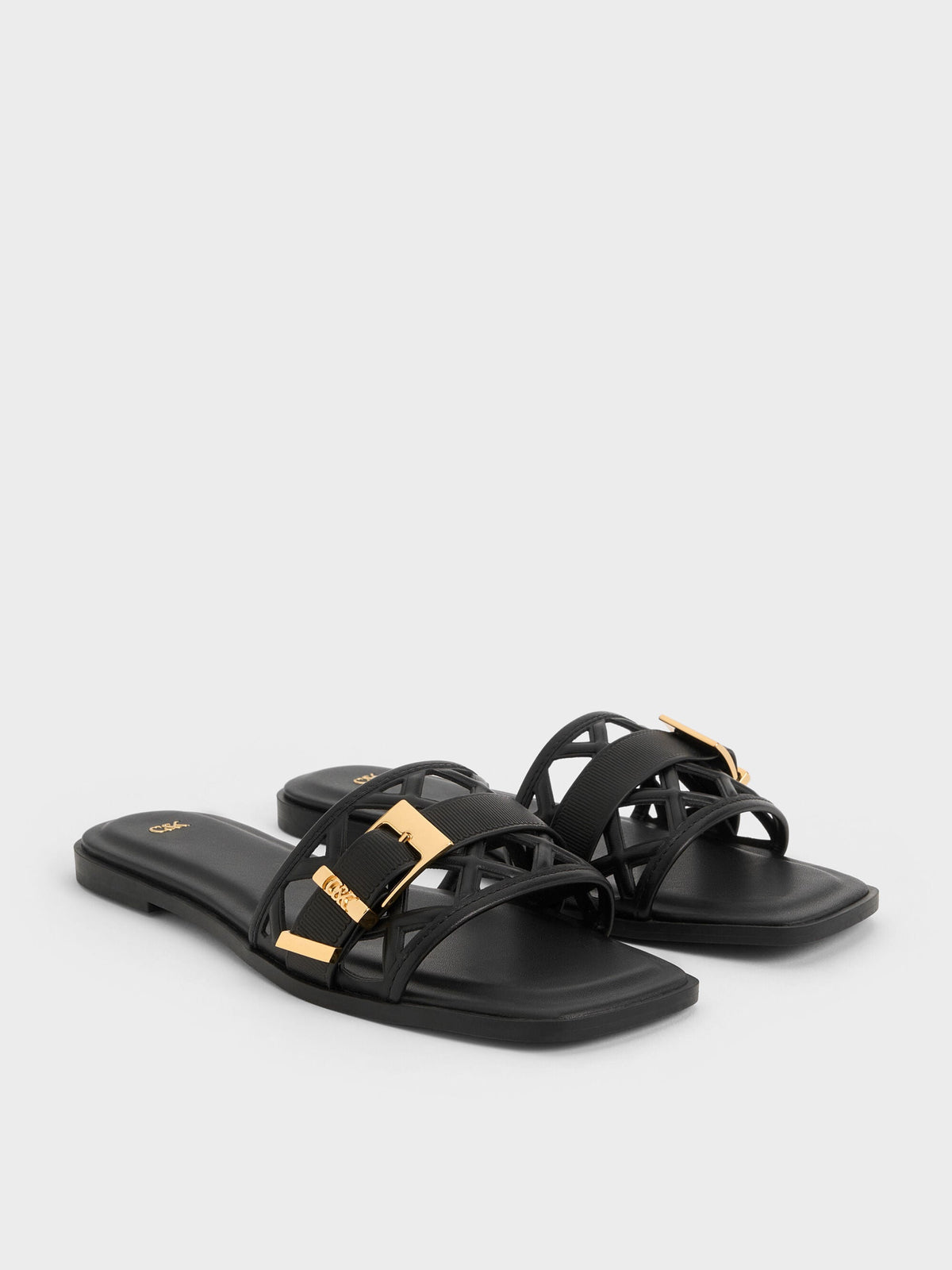 Whitney Leather Cut-Out Slide Sandals - Black | CHARLES & KEITH