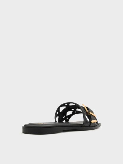 Whitney Leather Cut-Out Slide Sandals - Black | CHARLES & KEITH