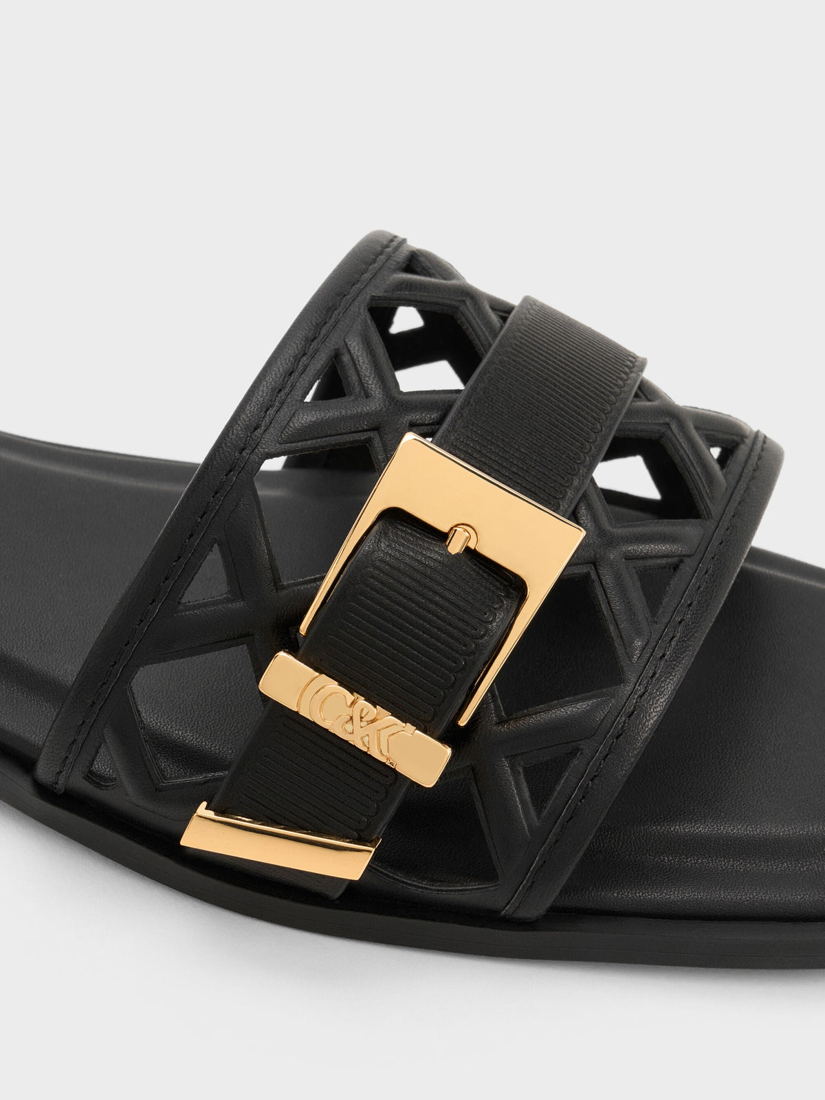 Whitney Leather Cut-Out Slide Sandals - Black | CHARLES & KEITH