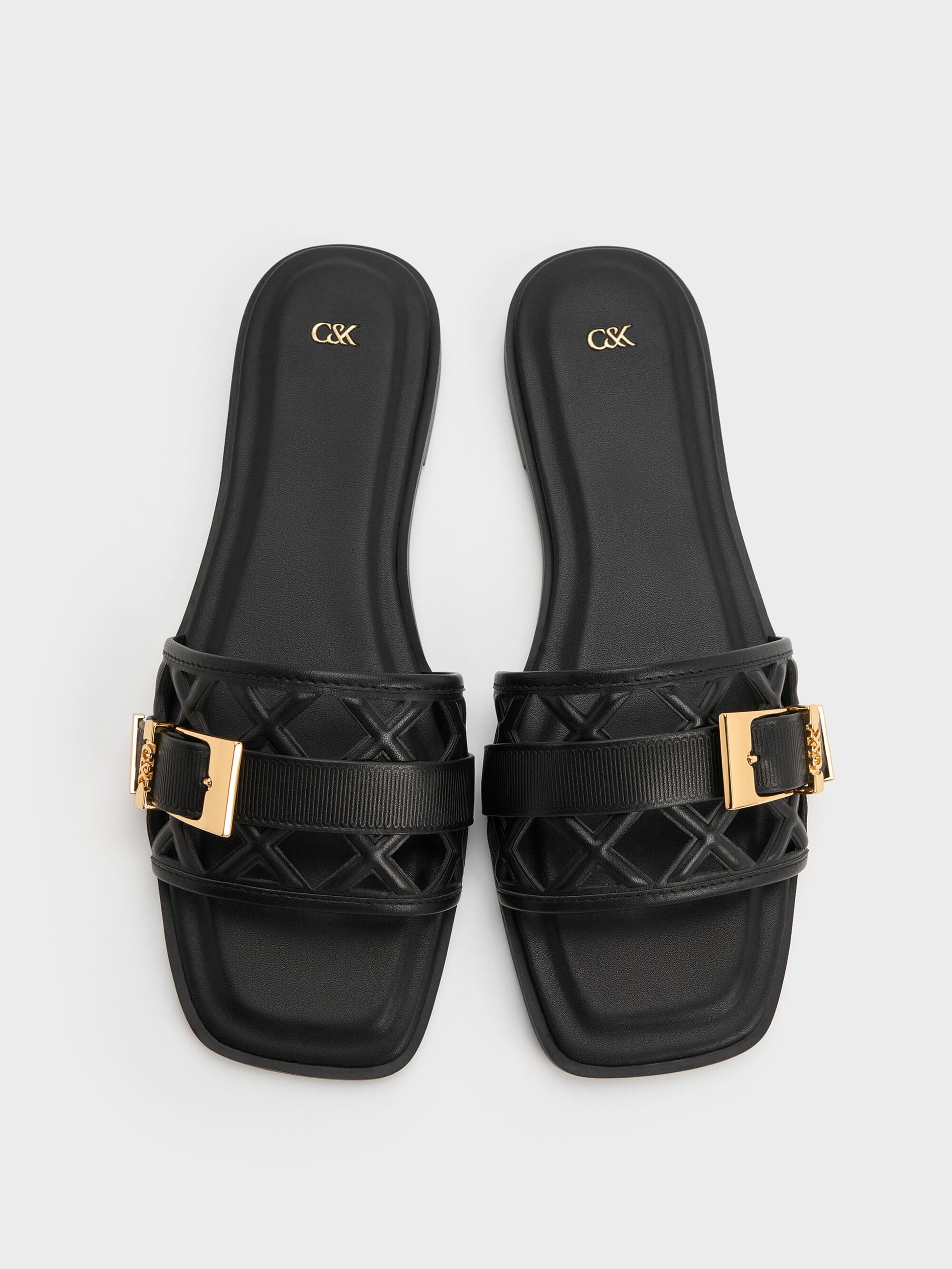Whitney Leather Cut-Out Slide Sandals - Black | CHARLES & KEITH