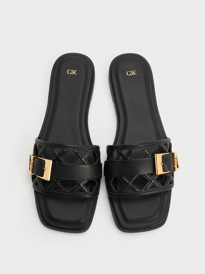 Whitney Leather Cut-Out Slide Sandals - Black | CHARLES & KEITH