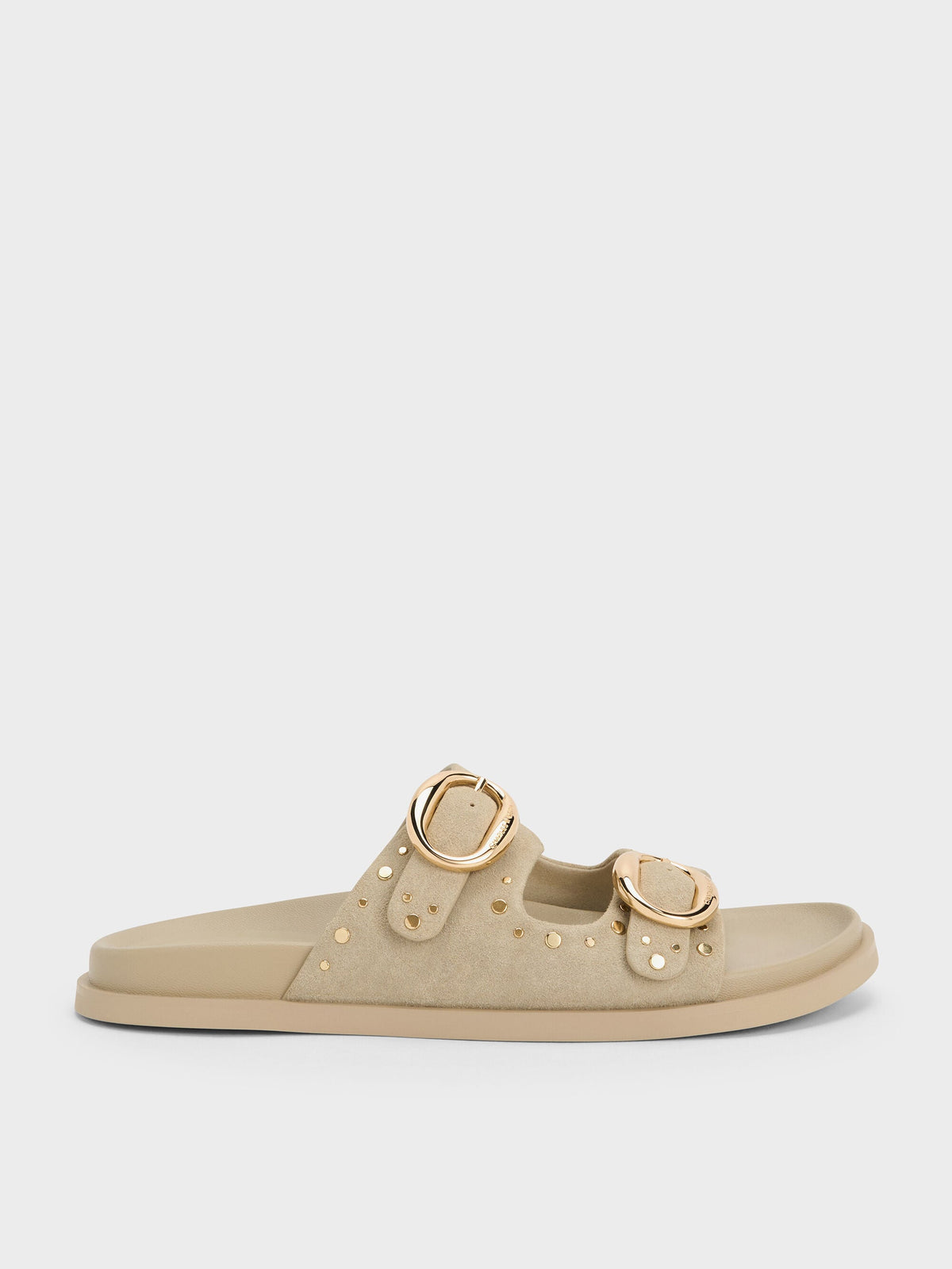 Studded Buckled Double-Strap Slides - Beige | CHARLES & KEITH