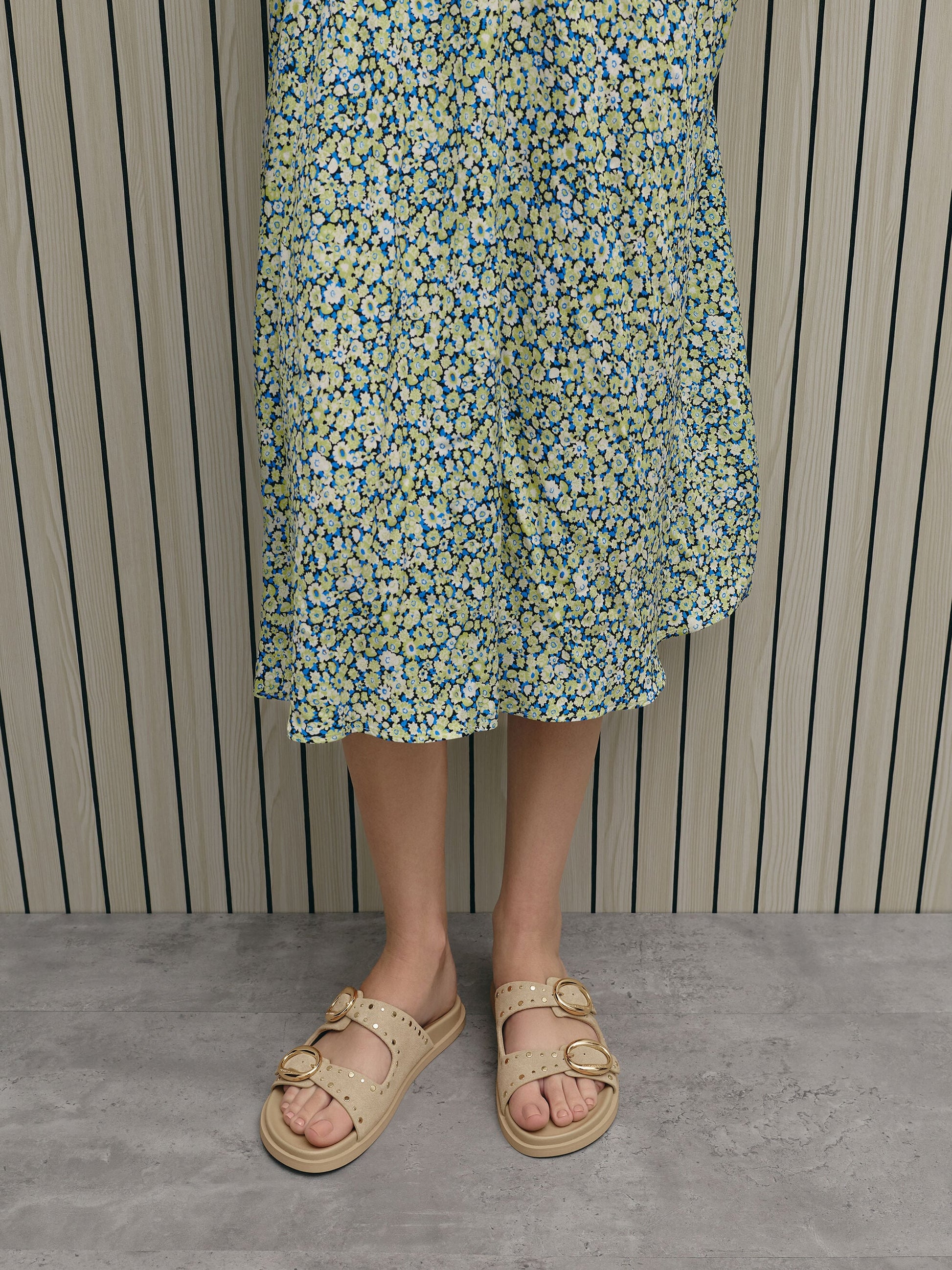 Studded Buckled Double-Strap Slides - Beige | CHARLES & KEITH