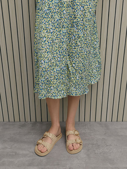 Studded Buckled Double-Strap Slides - Beige | CHARLES & KEITH