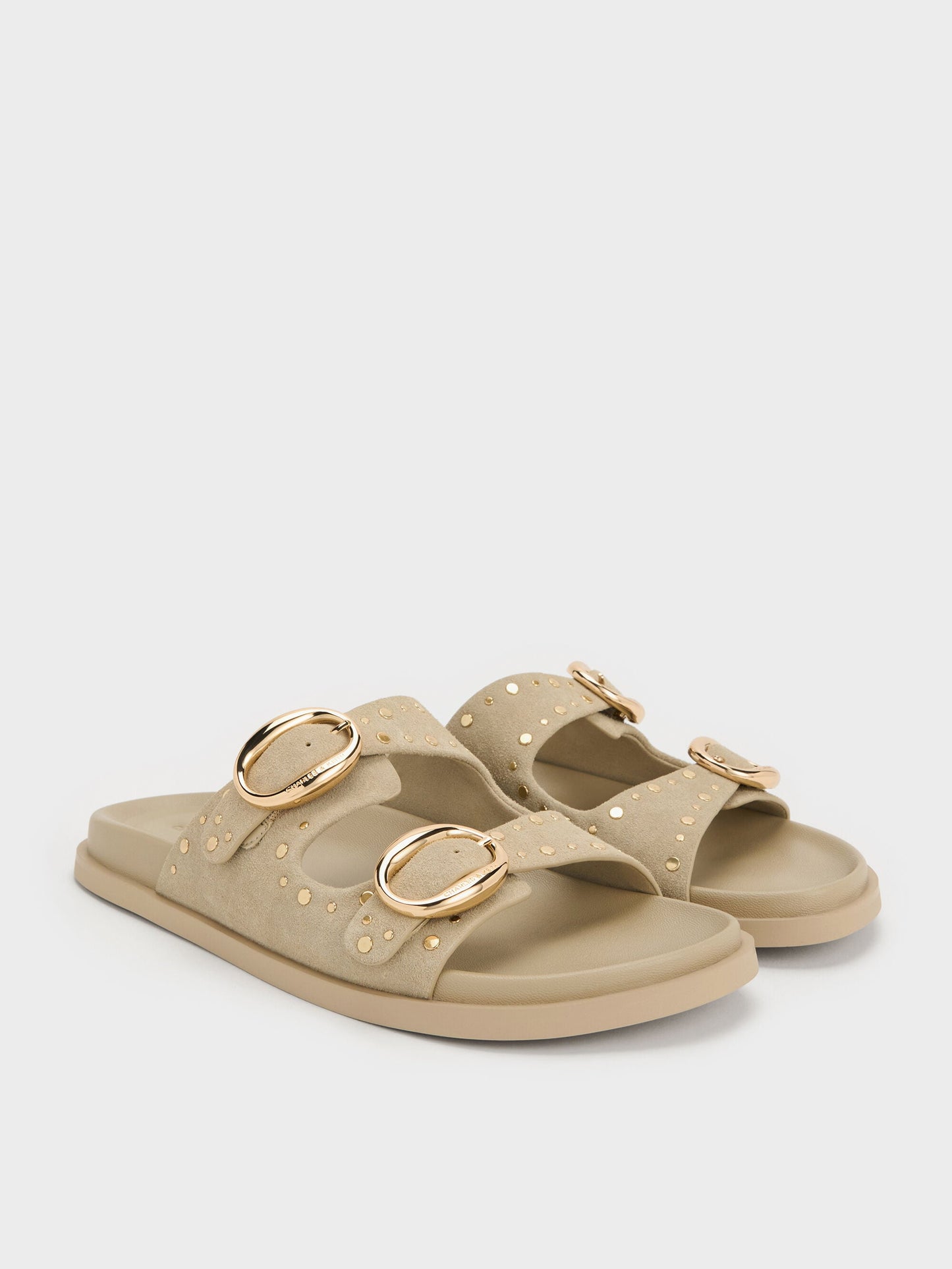 Studded Buckled Double-Strap Slides - Beige | CHARLES & KEITH