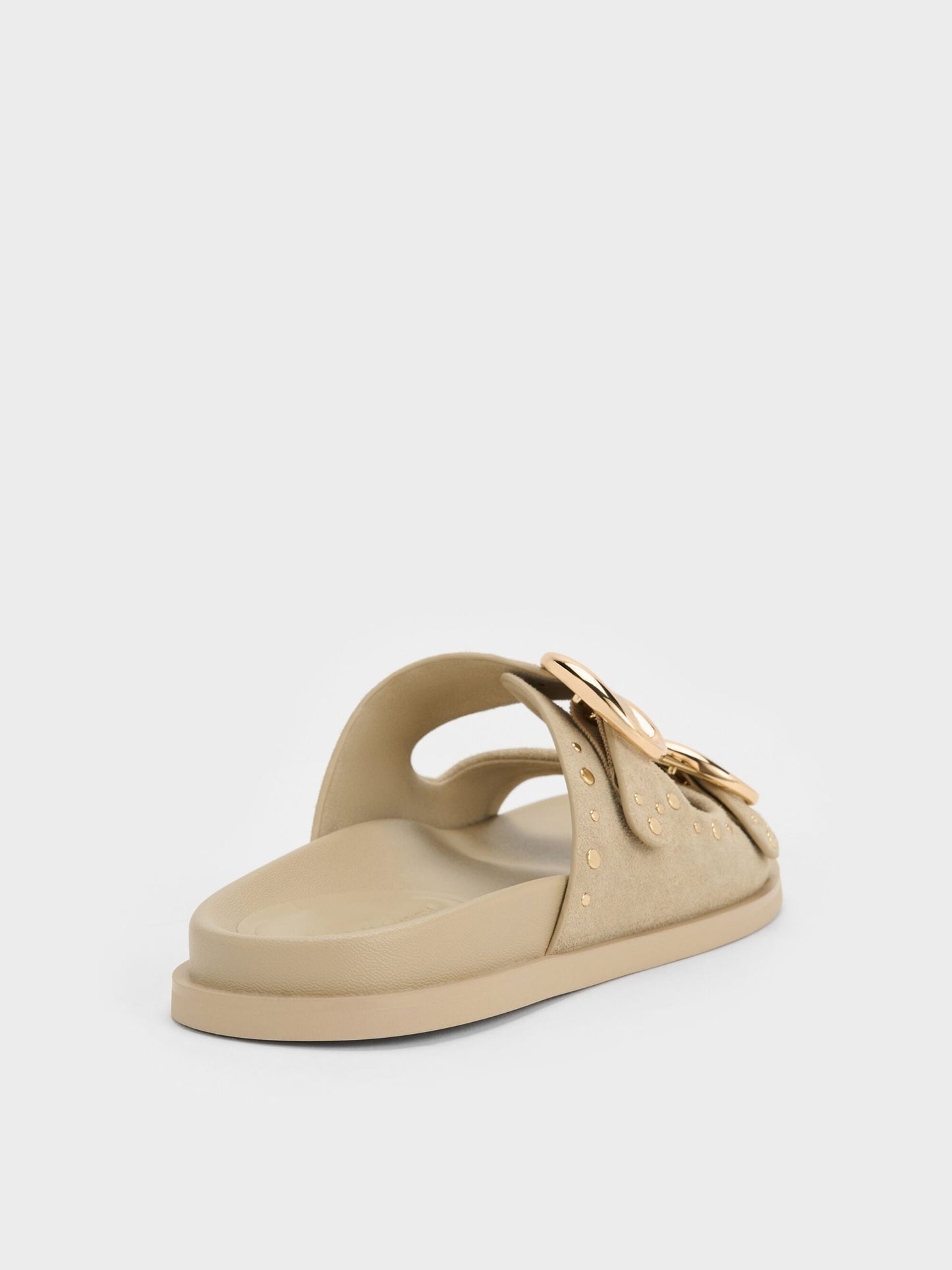 Studded Buckled Double-Strap Slides - Beige | CHARLES & KEITH