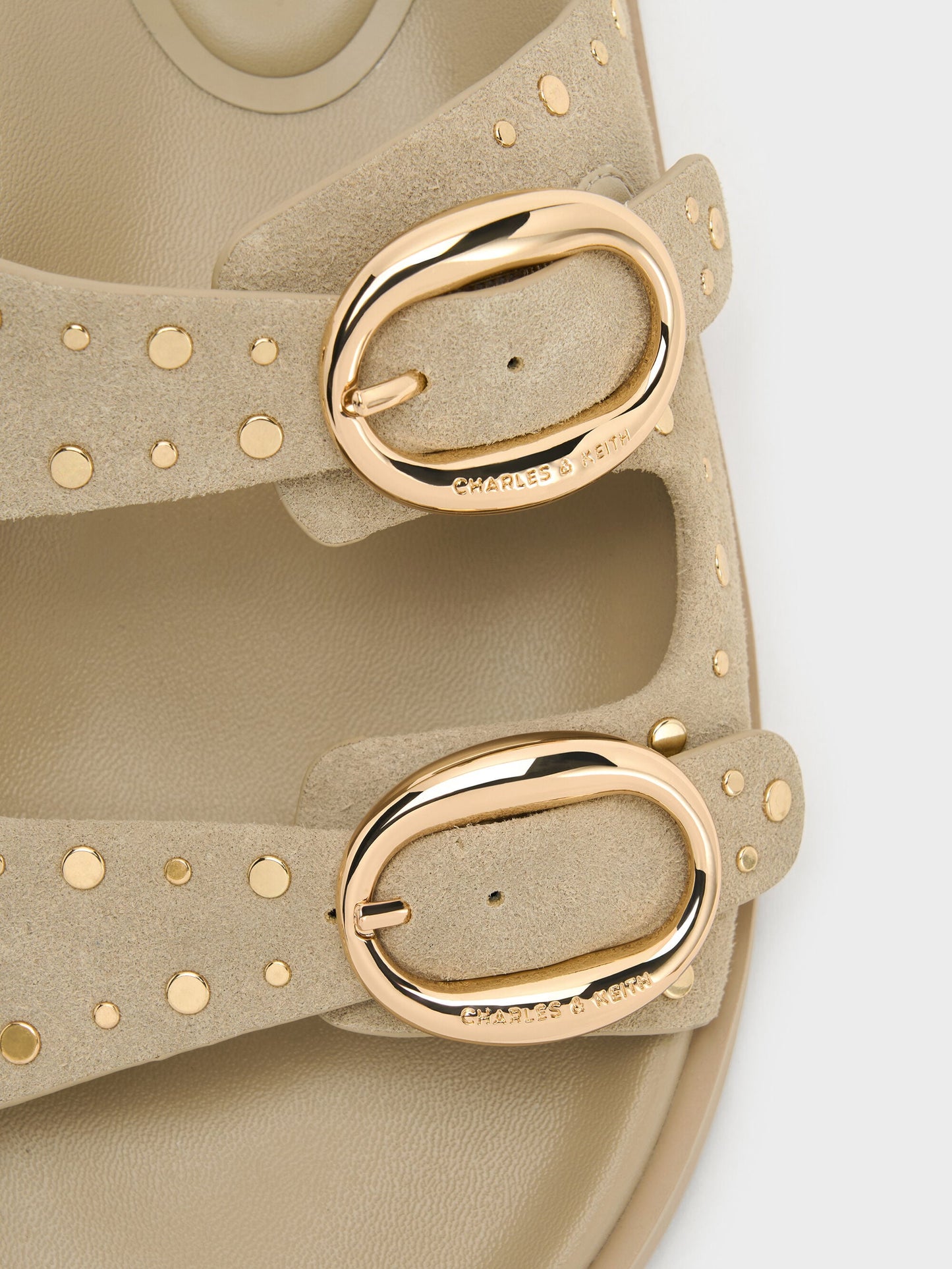 Studded Buckled Double-Strap Slides - Beige | CHARLES & KEITH
