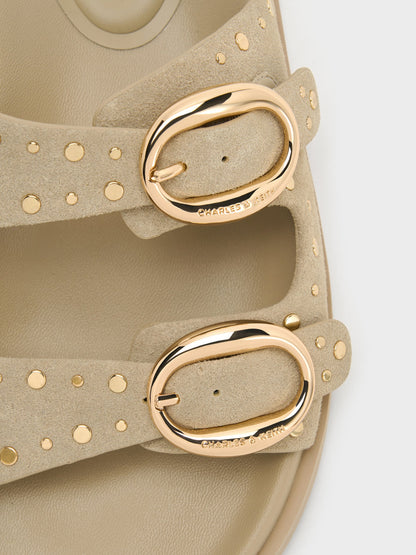 Studded Buckled Double-Strap Slides - Beige | CHARLES & KEITH