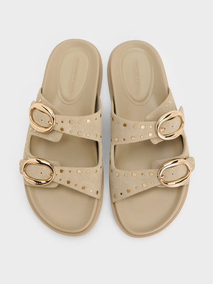 Studded Buckled Double-Strap Slides - Beige | CHARLES & KEITH