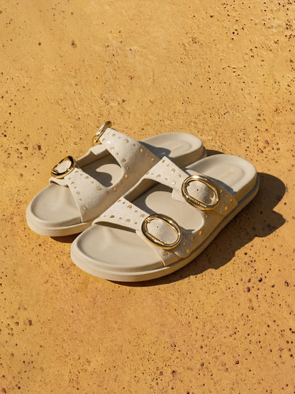 Studded Buckled Double-Strap Slides - Beige | CHARLES & KEITH