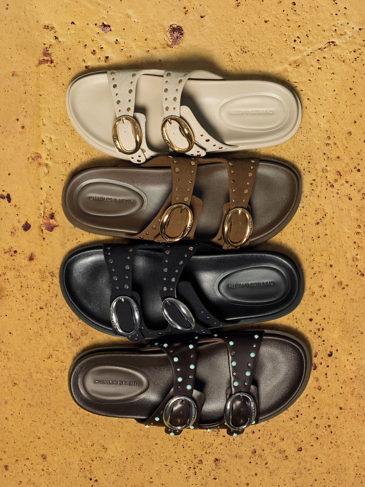 Studded Buckled Double-Strap Slides - Beige | CHARLES & KEITH