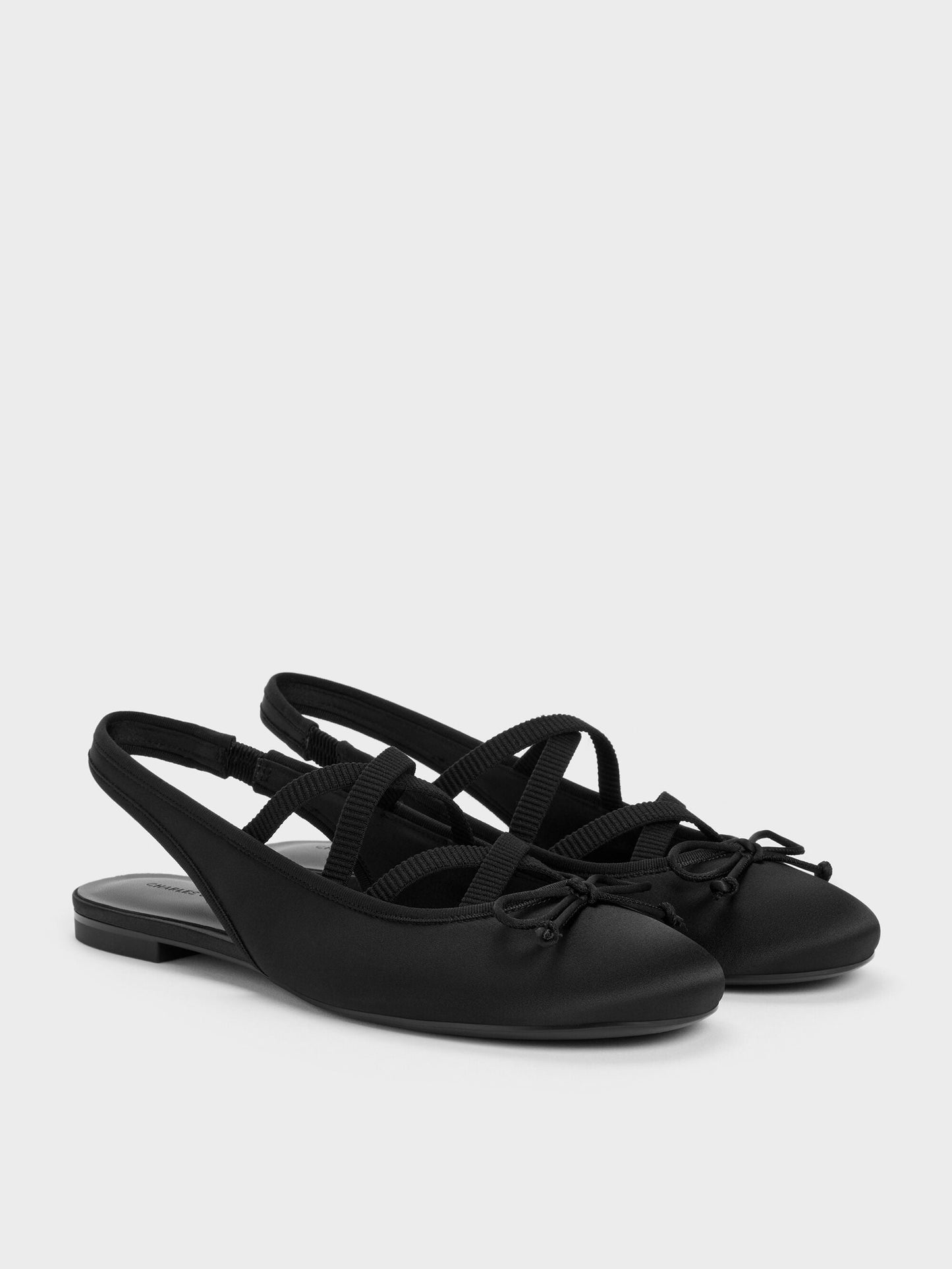 Satin Crossover Slingback Ballet Flats - Black Textured | CHARLES & KEITH