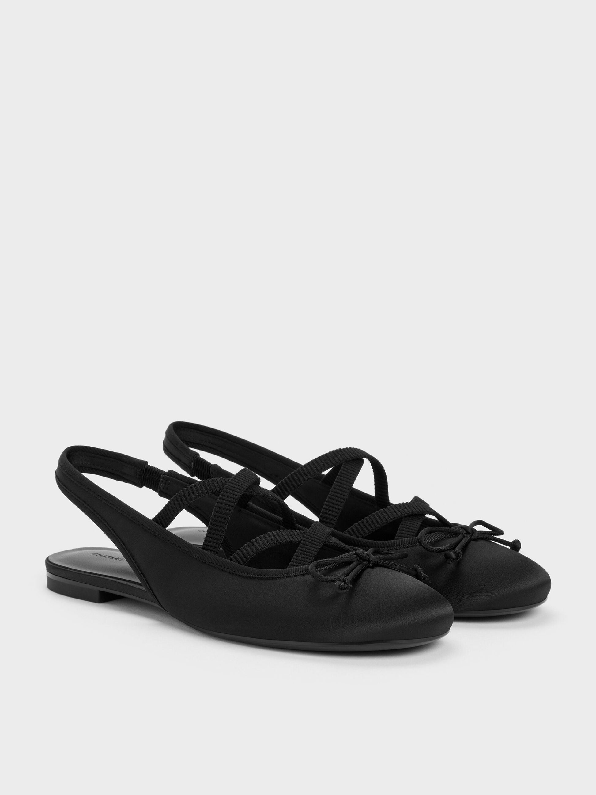 Satin Crossover Slingback Ballet Flats - Black Textured | CHARLES & KEITH