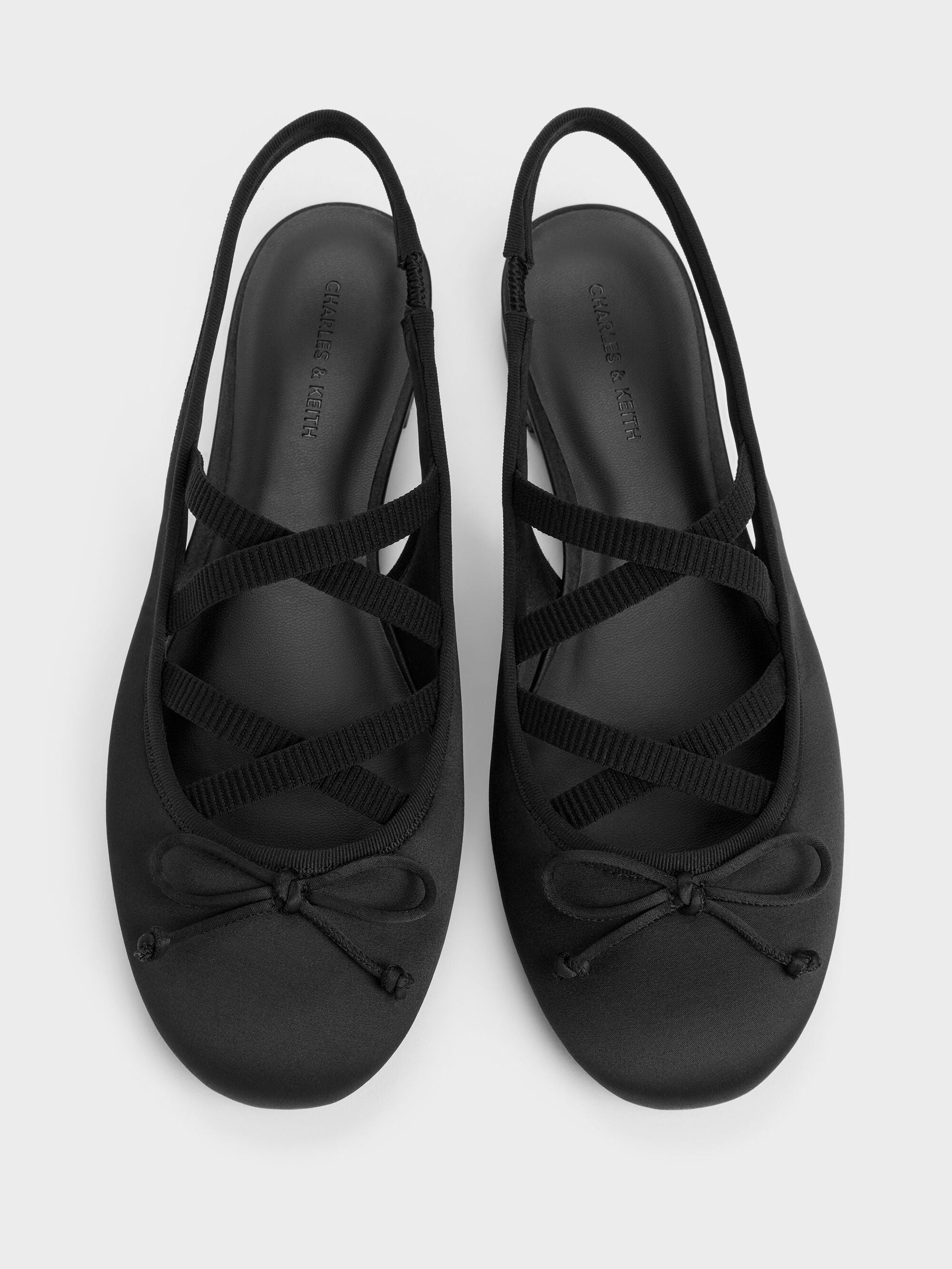 Satin Crossover Slingback Ballet Flats - Black Textured | CHARLES & KEITH