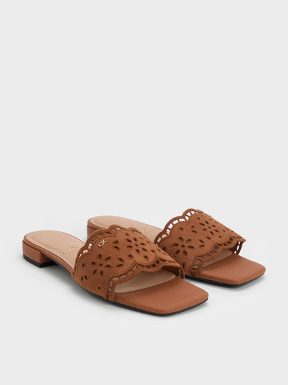 Leather Embroidered Slide Sandals - Cognac | CHARLES & KEITH