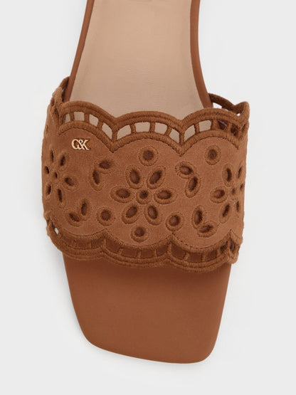 Leather Embroidered Slide Sandals - Cognac | CHARLES & KEITH