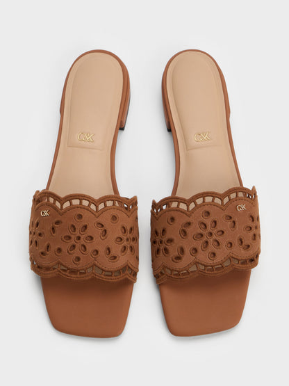 Leather Embroidered Slide Sandals - Cognac | CHARLES & KEITH