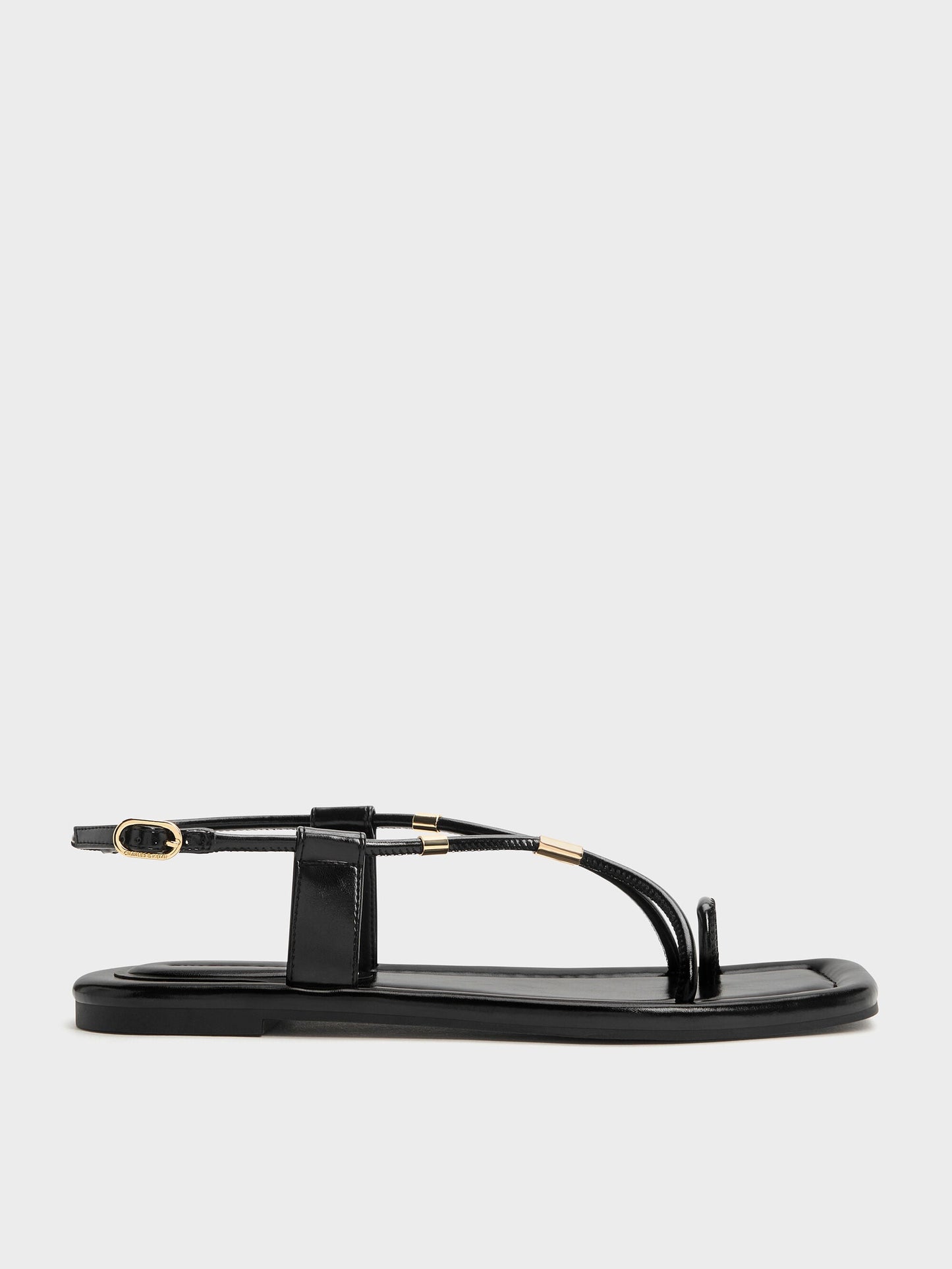 Metallic-Accent Toe-Ring Sandals - Black | CHARLES & KEITH