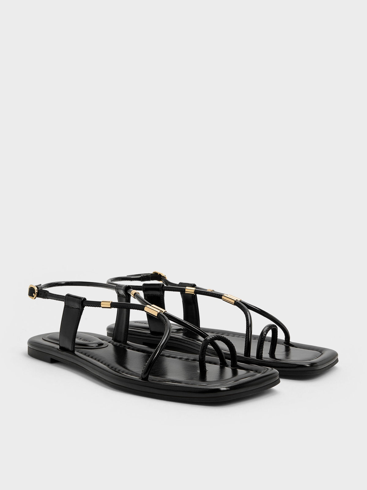 Metallic-Accent Toe-Ring Sandals - Black | CHARLES & KEITH
